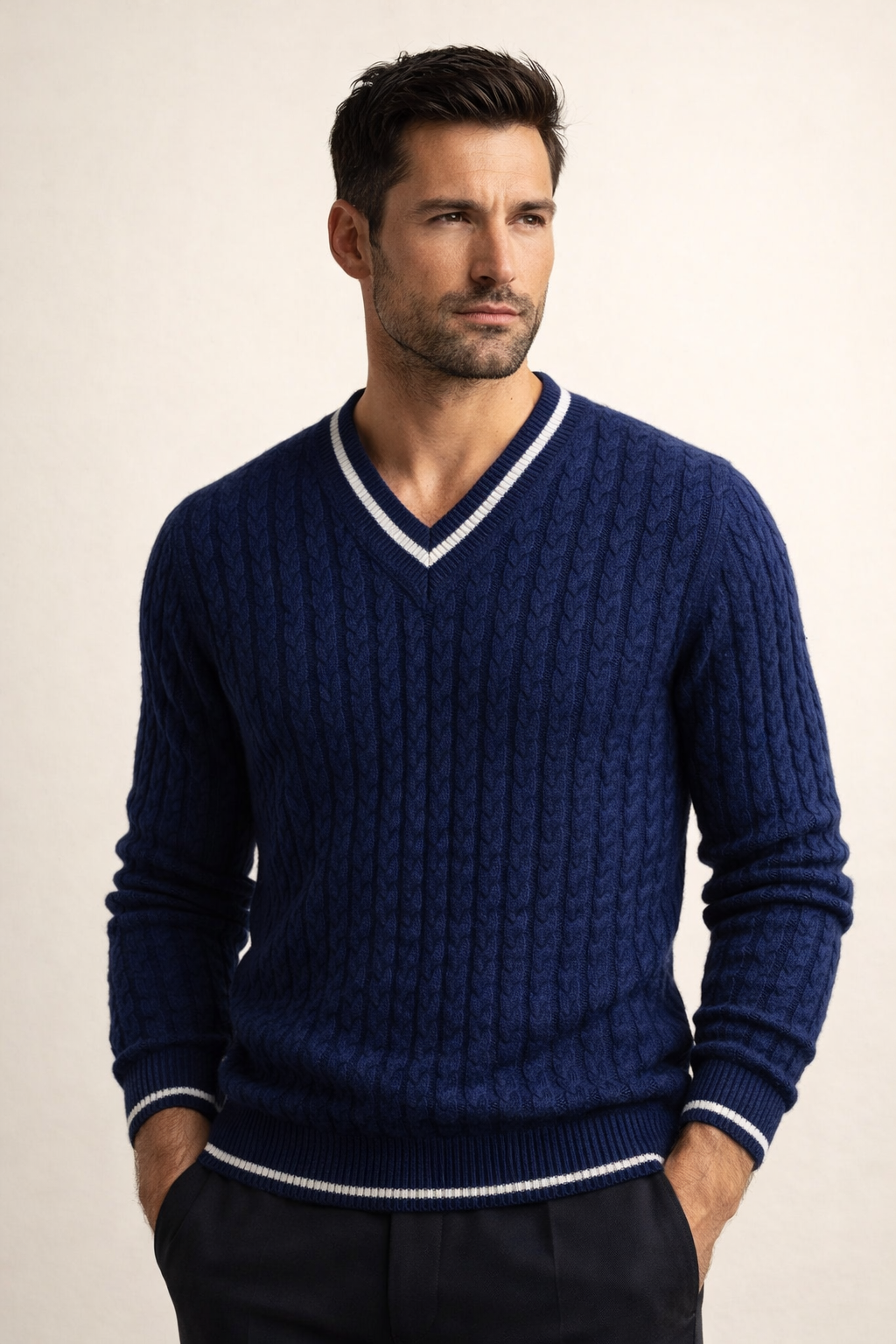 Brando Cashmere Cable V-Neck Navy Blue