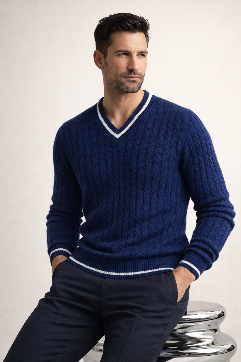 Brando Cashmere Cable V-Neck Navy Blue